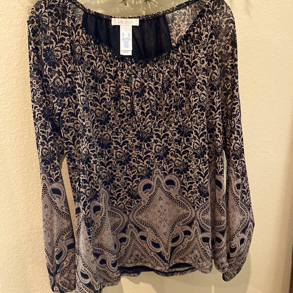 Beautiful tunic/blouse. Black and Tan. Lined. Peasant style. XL. Long sleeves.